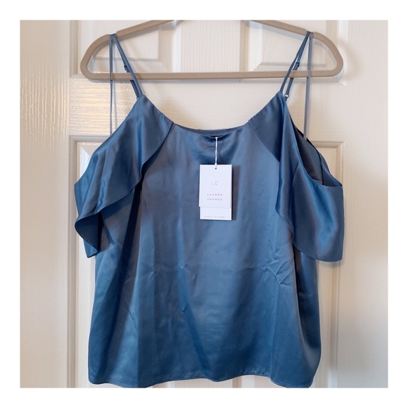 ⬇️LC Blue Cold Shoulder Satin Ruffle Top - Picture 3 of 8